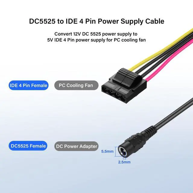 Alt view image 2 of 6 - DC5525 to IDE 4 Pin Power Supply Cable DC 5.5x2.5mm Female to LP4 IDE 4 Pin Female Extension Cable for PC Fan (1 to 3)