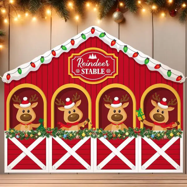 Main image of 8 x 6.5 ft Christmas Reindeer Backdrop Decorations | Reindeer Stable Garage Door Banner Xmas Elk Photo Background for Winter Holiday Party Indoor Outdoor Photo Props Supplies