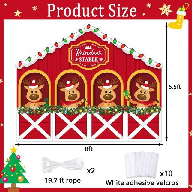 Alt view image 2 of 7 - 8 x 6.5 ft Christmas Reindeer Backdrop Decorations | Reindeer Stable Garage Door Banner Xmas Elk Photo Background for Winter Holiday Party Indoor Outdoor Photo Props Supplies