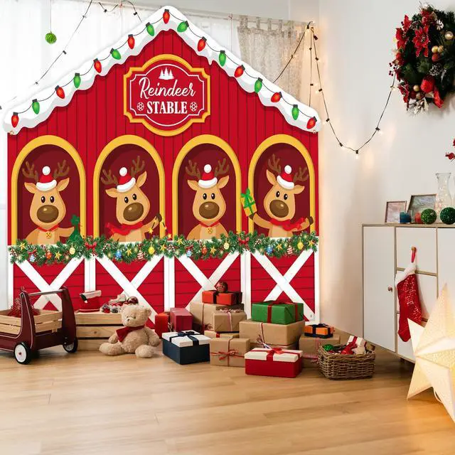Alt view image 4 of 7 - 8 x 6.5 ft Christmas Reindeer Backdrop Decorations | Reindeer Stable Garage Door Banner Xmas Elk Photo Background for Winter Holiday Party Indoor Outdoor Photo Props Supplies