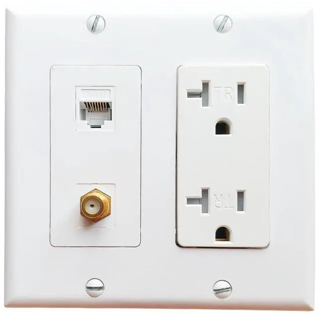 Main image of 2 Gang Ethernet Coax Wall Plate with 20Amp Power Outlet - Duplex Receptacle Outlet Cover Plate with Coaxial Ethernet +1 Port CAT6 + 1 Coax Cable TV F Type Jack- White