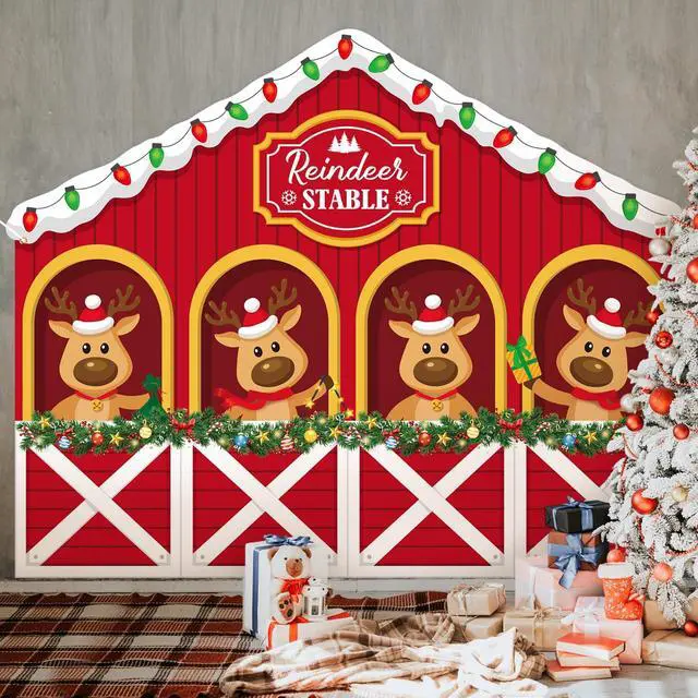 Alt view image 5 of 7 - 8 x 6.5 ft Christmas Reindeer Backdrop Decorations | Reindeer Stable Garage Door Banner Xmas Elk Photo Background for Winter Holiday Party Indoor Outdoor Photo Props Supplies