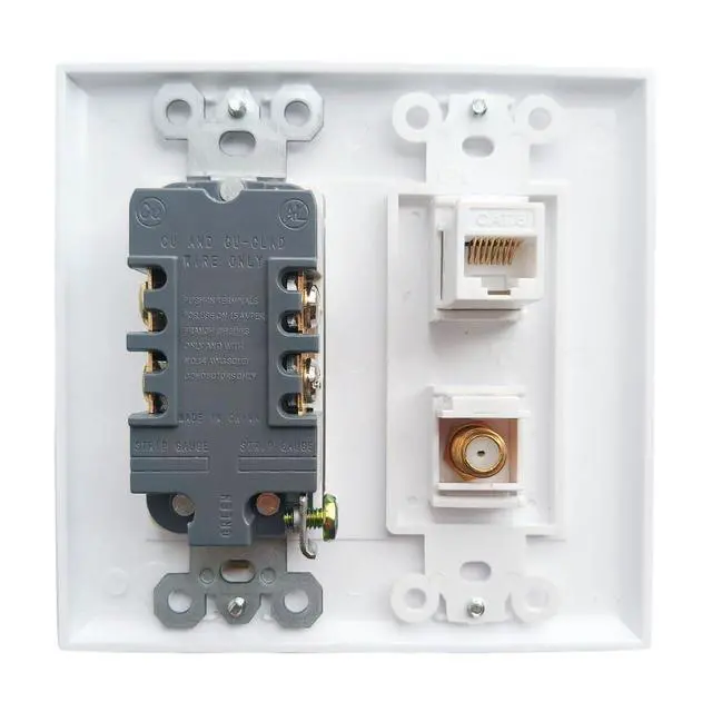 Alt view image 2 of 6 - 2 Gang Ethernet Coax Wall Plate with 20Amp Power Outlet - Duplex Receptacle Outlet Cover Plate with Coaxial Ethernet +1 Port CAT6 + 1 Coax Cable TV F Type Jack- White