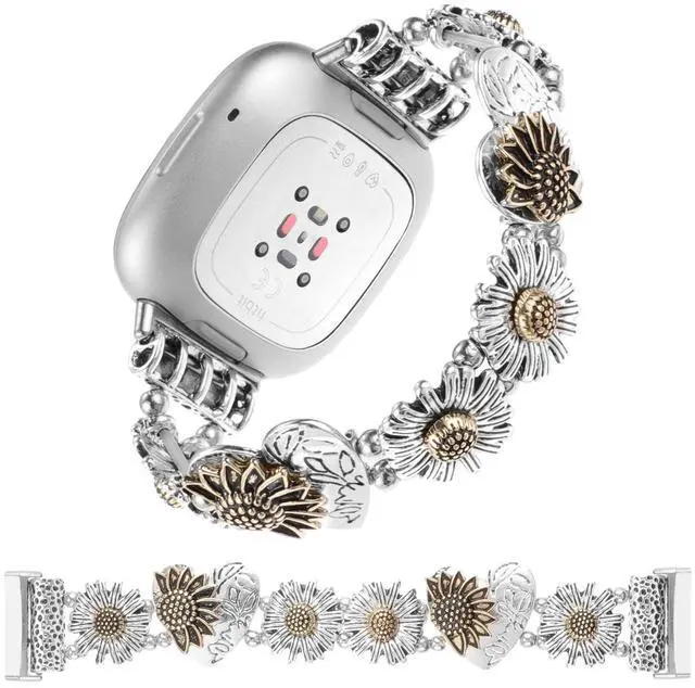 Main image of Stretchy Metal Bracelet Bands Compatible with Fitbit Versa 3/ Versa 4/ Sense/Sense 2 Bands,Women Fancy Elastic Sunflower Heart Dressy Stainless Replacement Wristband Strap