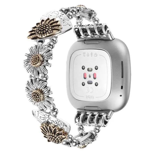 Alt view image 2 of 7 - Stretchy Metal Bracelet Bands Compatible with Fitbit Versa 3/ Versa 4/ Sense/Sense 2 Bands,Women Fancy Elastic Sunflower Heart Dressy Stainless Replacement Wristband Strap