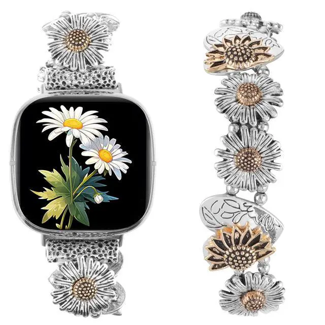 Alt view image 3 of 7 - Stretchy Metal Bracelet Bands Compatible with Fitbit Versa 3/ Versa 4/ Sense/Sense 2 Bands,Women Fancy Elastic Sunflower Heart Dressy Stainless Replacement Wristband Strap