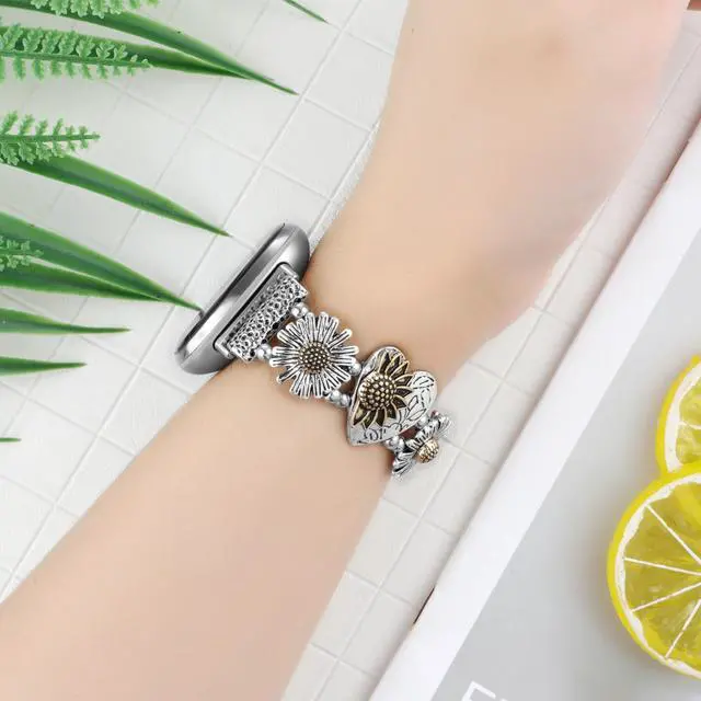 Alt view image 4 of 7 - Stretchy Metal Bracelet Bands Compatible with Fitbit Versa 3/ Versa 4/ Sense/Sense 2 Bands,Women Fancy Elastic Sunflower Heart Dressy Stainless Replacement Wristband Strap