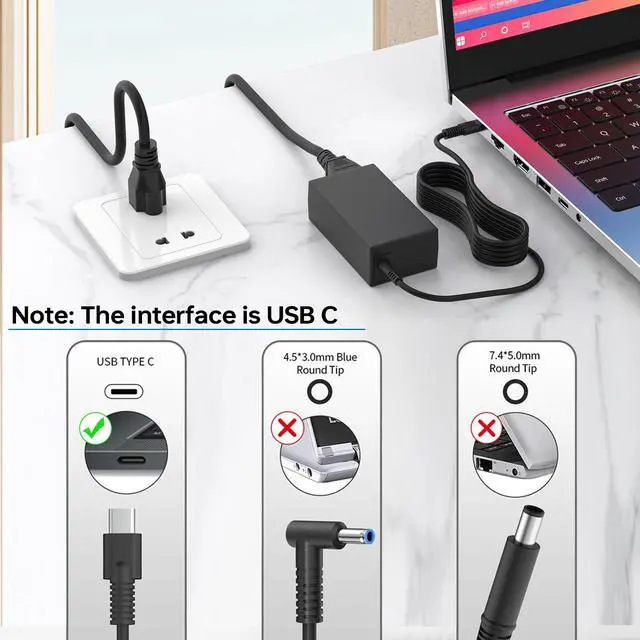 Alt view image 2 of 6 - 65W USB-C Laptop Charger L65505-002 Compatible with HP EliteBook 830 840 G8 Spectre x360 ProBook 440 G7 L67440-001 TPN-CA21 Type-C Power Adapter