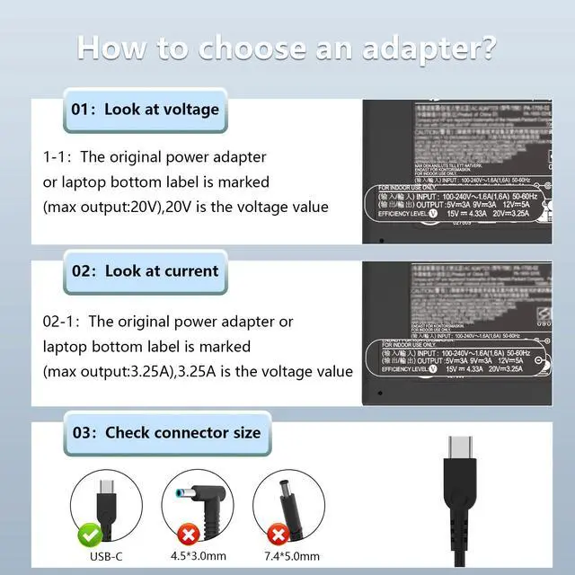 Alt view image 4 of 6 - 65W USB-C Laptop Charger L65505-002 Compatible with HP EliteBook 830 840 G8 Spectre x360 ProBook 440 G7 L67440-001 TPN-CA21 Type-C Power Adapter