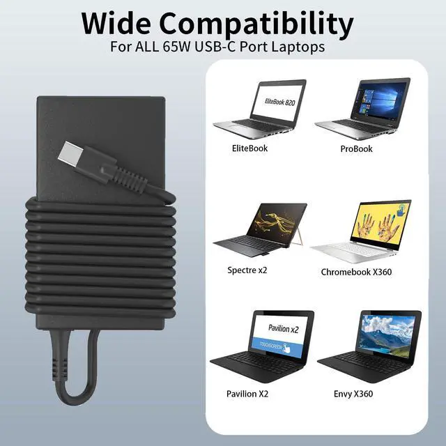 Alt view image 5 of 6 - 65W USB-C Laptop Charger L65505-002 Compatible with HP EliteBook 830 840 G8 Spectre x360 ProBook 440 G7 L67440-001 TPN-CA21 Type-C Power Adapter