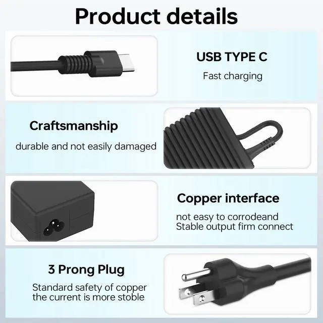 Alt view image 6 of 6 - 65W USB-C Laptop Charger L65505-002 Compatible with HP EliteBook 830 840 G8 Spectre x360 ProBook 440 G7 L67440-001 TPN-CA21 Type-C Power Adapter