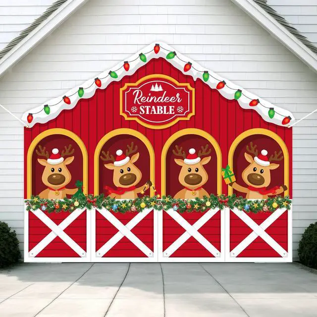 Alt view image 7 of 7 - 8 x 6.5 ft Christmas Reindeer Backdrop Decorations | Reindeer Stable Garage Door Banner Xmas Elk Photo Background for Winter Holiday Party Indoor Outdoor Photo Props Supplies