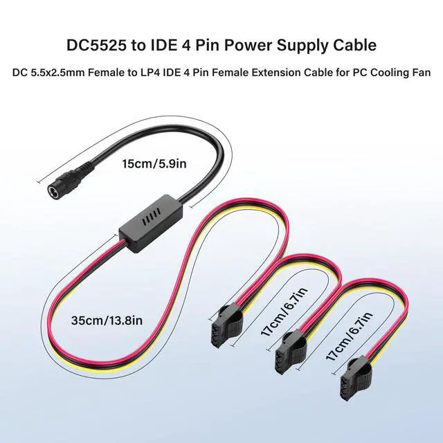 Alt view image 5 of 6 - DC5525 to IDE 4 Pin Power Supply Cable DC 5.5x2.5mm Female to LP4 IDE 4 Pin Female Extension Cable for PC Fan (1 to 3)