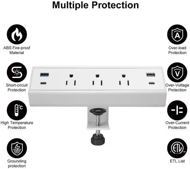Alt view image 4 of 7 - Desk Clamp Power Strip with USB C 40W Fast Charge 4 USB Ports 3 AC Outlets (White)