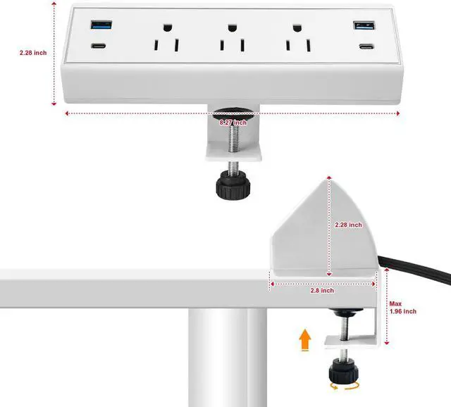 Alt view image 5 of 6 - Clamp-Mount Desktop Power Strip with USB C 3 Outlets 40W Fast Charge ETL | Edge Mounted Desk Clamp Power Station 2 USB-A 2 USB-C Ports 6.56 FT Extension Cord Flat Plug for Home Office Dorm Gaming