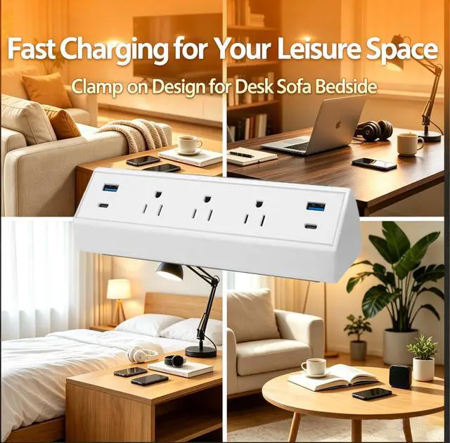 Alt view image 7 of 7 - Desk Clamp Power Strip with USB C 40W Fast Charge 4 USB Ports 3 AC Outlets (White)