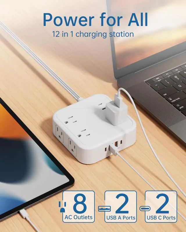 Alt view image 2 of 7 - 8-Outlet Power Strip with 6 USB Ports (2 USB-C) and Surge Protection, 5ft Flat Plug Extension Cord, 1875W/15A Multi Plug Charging Station for Home Office, Square Compact Design, White
