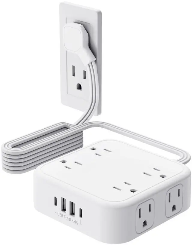 Main image of 8-Outlet Power Strip with 6 USB Ports (2 USB-C) and Surge Protection, 5ft Flat Plug Extension Cord, 1875W/15A Multi Plug Charging Station for Home Office, Square Compact Design, White