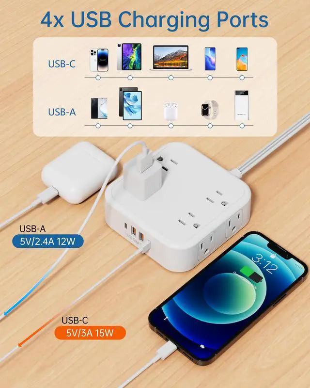 Alt view image 3 of 7 - 8-Outlet Power Strip with 6 USB Ports (2 USB-C) and Surge Protection, 5ft Flat Plug Extension Cord, 1875W/15A Multi Plug Charging Station for Home Office, Square Compact Design, White