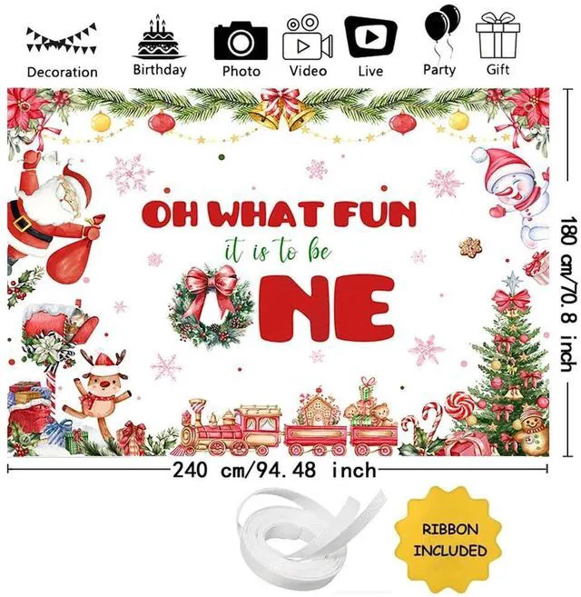 Alt view image 3 of 7 - Christmas 1st Birthday Backdrop Banner, Oh What Fun It is to Be One Birthday Party Supplies, Xmas Tree Santa Gifts Snowman Christmas Birthday Party Decorations, Photo Props 8x6ft