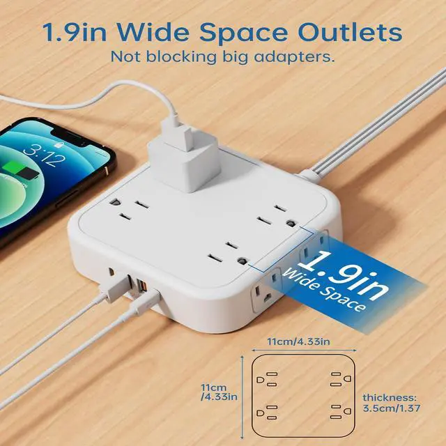 Alt view image 5 of 7 - 8-Outlet Power Strip with 6 USB Ports (2 USB-C) and Surge Protection, 5ft Flat Plug Extension Cord, 1875W/15A Multi Plug Charging Station for Home Office, Square Compact Design, White