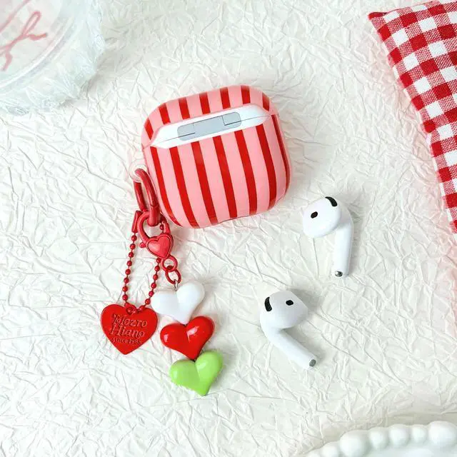 Alt view image 4 of 7 - Compatible for AirPods 4 Case Soft TPU with Cleaner Kit Cute Striped Aesthetic Design Shockproof Cover with Love Heart Keychain for Girls Woman-Red