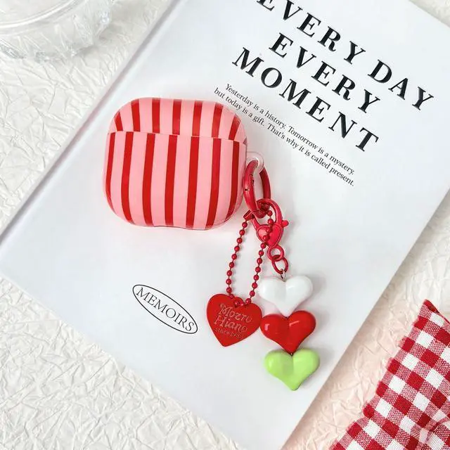 Alt view image 2 of 7 - Compatible for AirPods 4 Case Soft TPU with Cleaner Kit Cute Striped Aesthetic Design Shockproof Cover with Love Heart Keychain for Girls Woman-Red