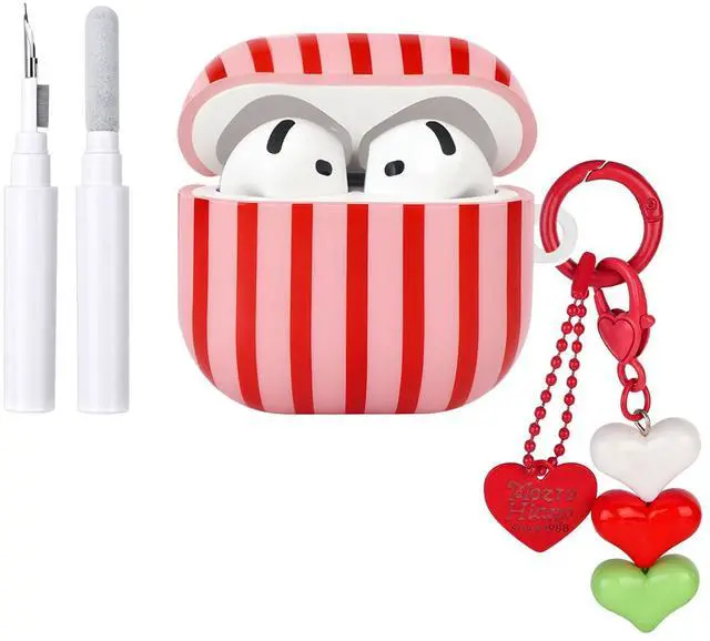 Main image of Compatible for AirPods 4 Case Soft TPU with Cleaner Kit Cute Striped Aesthetic Design Shockproof Cover with Love Heart Keychain for Girls Woman-Red