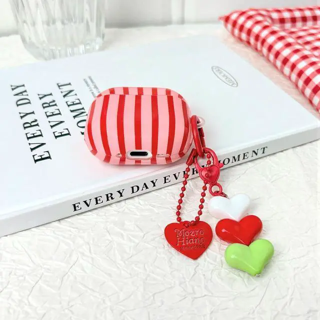 Alt view image 5 of 7 - Compatible for AirPods 4 Case Soft TPU with Cleaner Kit Cute Striped Aesthetic Design Shockproof Cover with Love Heart Keychain for Girls Woman-Red