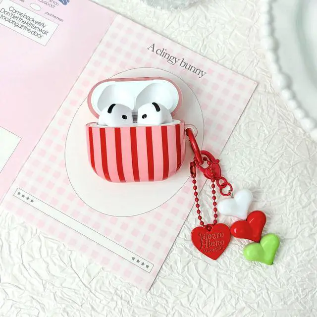 Alt view image 3 of 7 - Compatible for AirPods 4 Case Soft TPU with Cleaner Kit Cute Striped Aesthetic Design Shockproof Cover with Love Heart Keychain for Girls Woman-Red