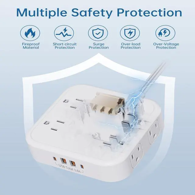 Alt view image 4 of 7 - 8-Outlet Power Strip with 6 USB Ports (2 USB-C) and Surge Protection, 5ft Flat Plug Extension Cord, 1875W/15A Multi Plug Charging Station for Home Office, Square Compact Design, White