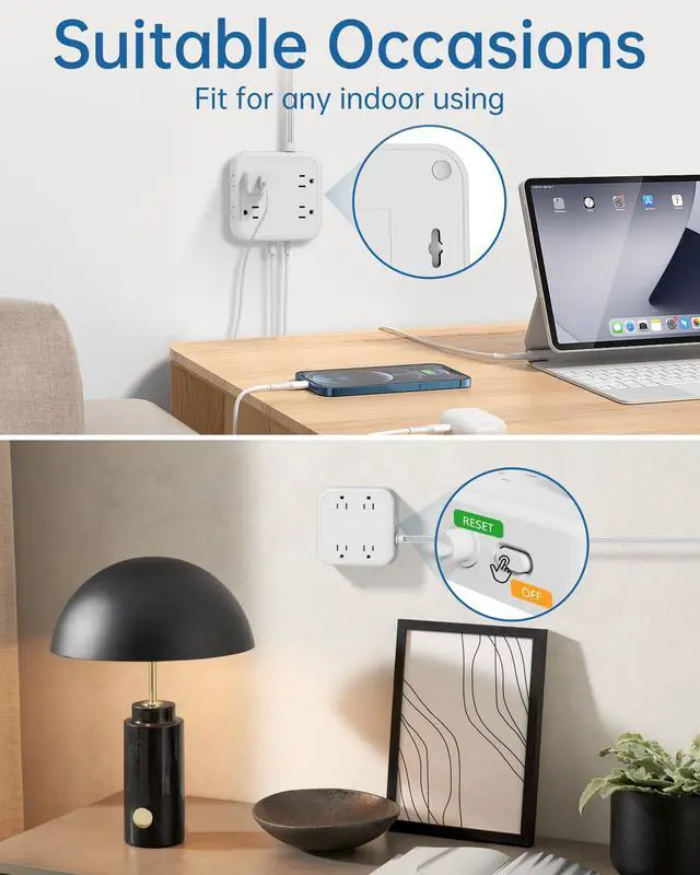 Alt view image 7 of 7 - 8-Outlet Power Strip with 6 USB Ports (2 USB-C) and Surge Protection, 5ft Flat Plug Extension Cord, 1875W/15A Multi Plug Charging Station for Home Office, Square Compact Design, White