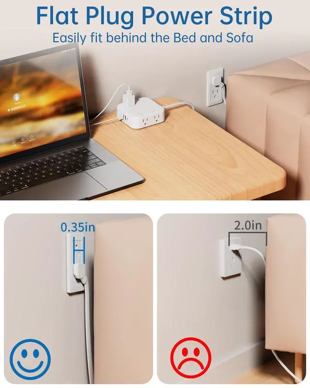 Alt view image 6 of 7 - 8-Outlet Power Strip with 6 USB Ports (2 USB-C) and Surge Protection, 5ft Flat Plug Extension Cord, 1875W/15A Multi Plug Charging Station for Home Office, Square Compact Design, White