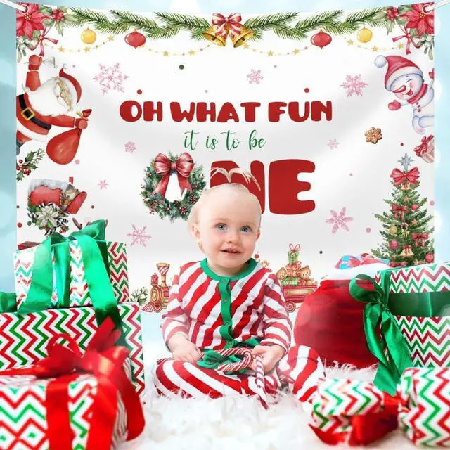 Alt view image 4 of 7 - Christmas 1st Birthday Backdrop Banner, Oh What Fun It is to Be One Birthday Party Supplies, Xmas Tree Santa Gifts Snowman Christmas Birthday Party Decorations, Photo Props 8x6ft
