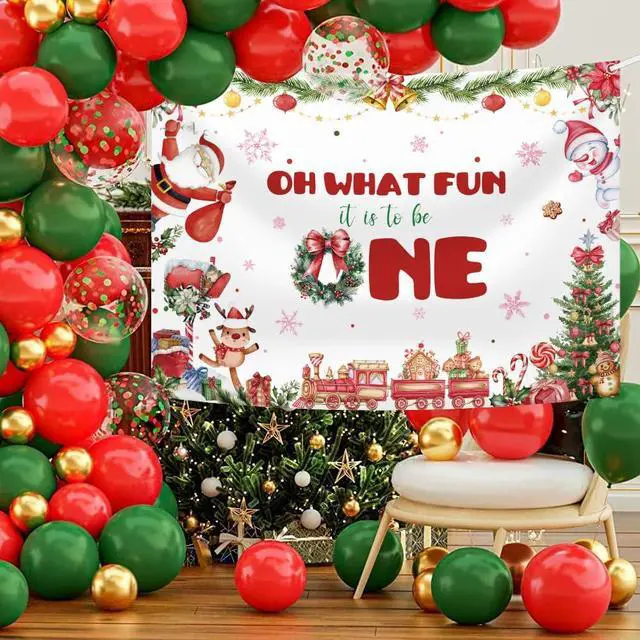 Alt view image 2 of 7 - Christmas 1st Birthday Backdrop Banner, Oh What Fun It is to Be One Birthday Party Supplies, Xmas Tree Santa Gifts Snowman Christmas Birthday Party Decorations, Photo Props 8x6ft