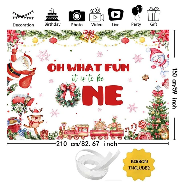 Alt view image 3 of 7 - Christmas 1st Birthday Backdrop Banner, Oh What Fun It is to Be One Birthday Party Supplies, Xmas Tree Santa Gifts Snowman Christmas Birthday Party Decorations, Photo Props 7x5ft
