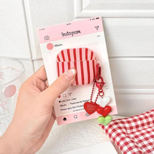 Alt view image 6 of 7 - Compatible for AirPods 4 Case Soft TPU with Cleaner Kit Cute Striped Aesthetic Design Shockproof Cover with Love Heart Keychain for Girls Woman-Red