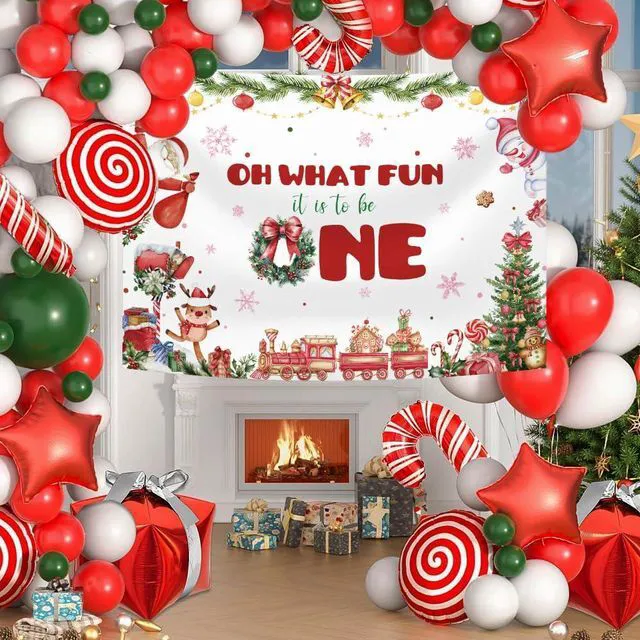 Alt view image 5 of 7 - Christmas 1st Birthday Backdrop Banner, Oh What Fun It is to Be One Birthday Party Supplies, Xmas Tree Santa Gifts Snowman Christmas Birthday Party Decorations, Photo Props 8x6ft
