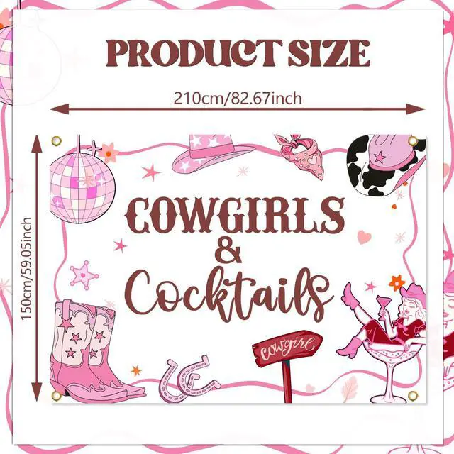 Alt view image 2 of 6 - Cowgirls & Cocktails Backdrop - Disco Western Cowgirl Last Rodeo Decor, Pink Rodeo Boot & Horse Western Cowgirl Bridal Shower Decorations, Nashville Bachelorette Party Supplies 7x5ft