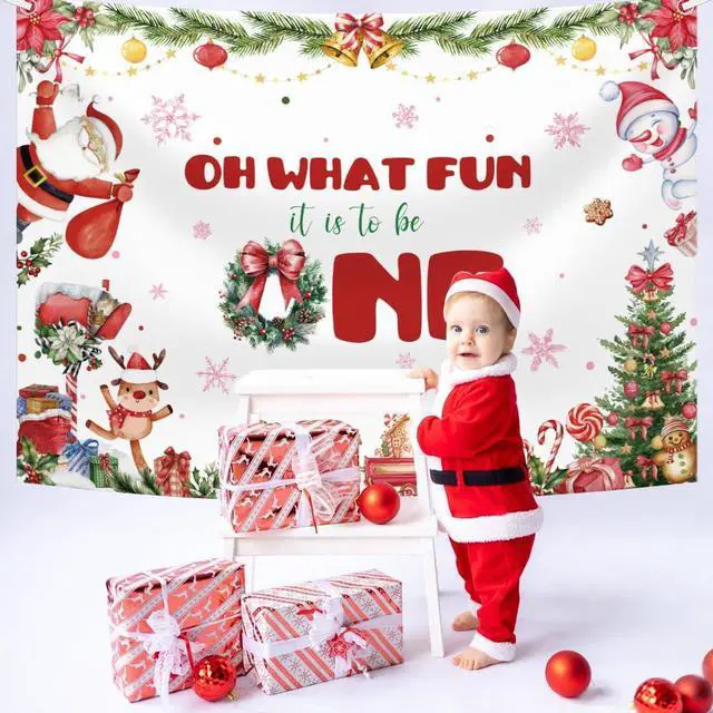 Alt view image 6 of 7 - Christmas 1st Birthday Backdrop Banner, Oh What Fun It is to Be One Birthday Party Supplies, Xmas Tree Santa Gifts Snowman Christmas Birthday Party Decorations, Photo Props 8x6ft