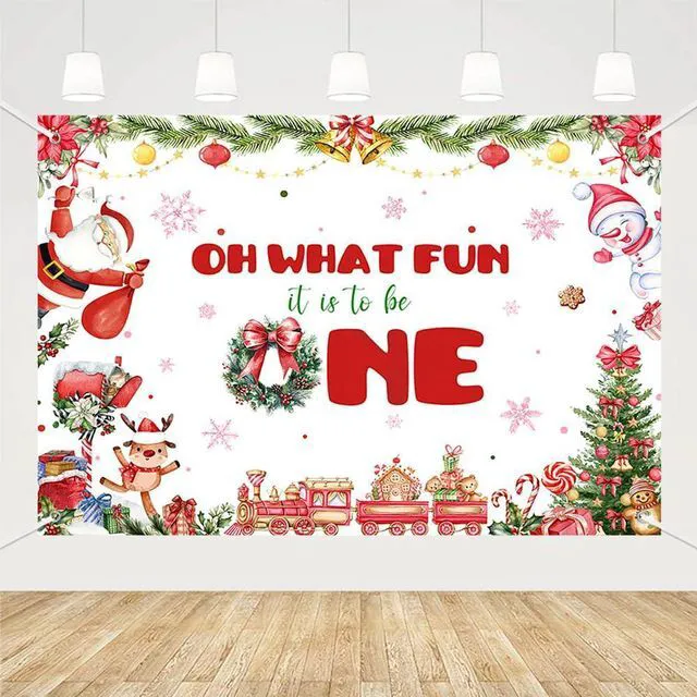 Main image of Christmas 1st Birthday Backdrop Banner, Oh What Fun It is to Be One Birthday Party Supplies, Xmas Tree Santa Gifts Snowman Christmas Birthday Party Decorations, Photo Props 8x6ft
