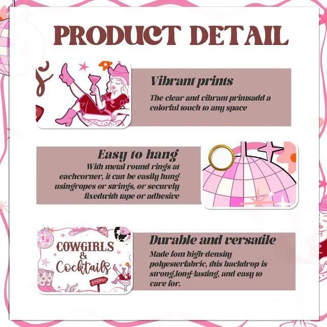 Alt view image 3 of 6 - Cowgirls & Cocktails Backdrop - Disco Western Cowgirl Last Rodeo Decor, Pink Rodeo Boot & Horse Western Cowgirl Bridal Shower Decorations, Nashville Bachelorette Party Supplies 7x5ft