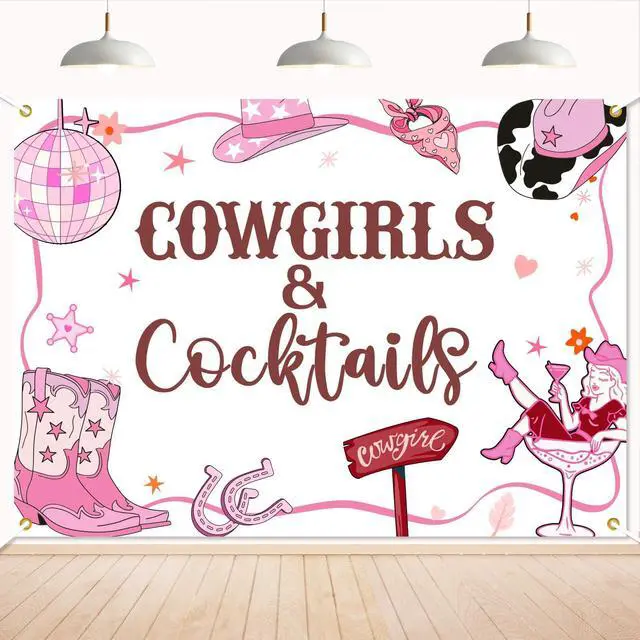 Main image of Cowgirls & Cocktails Backdrop - Disco Western Cowgirl Last Rodeo Decor, Pink Rodeo Boot & Horse Western Cowgirl Bridal Shower Decorations, Nashville Bachelorette Party Supplies 7x5ft