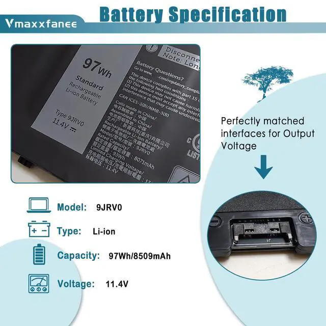 Alt view image 2 of 7 - 9JRV0 Laptop Battery Compatible with for Dell Precision 3561 3571 / Latitude 5521 5531 / Alienware m17 R5 AMD Series Laptop 00P3TJ 0P3TJ 05RGW 0R05P0 R05P0 11.4V