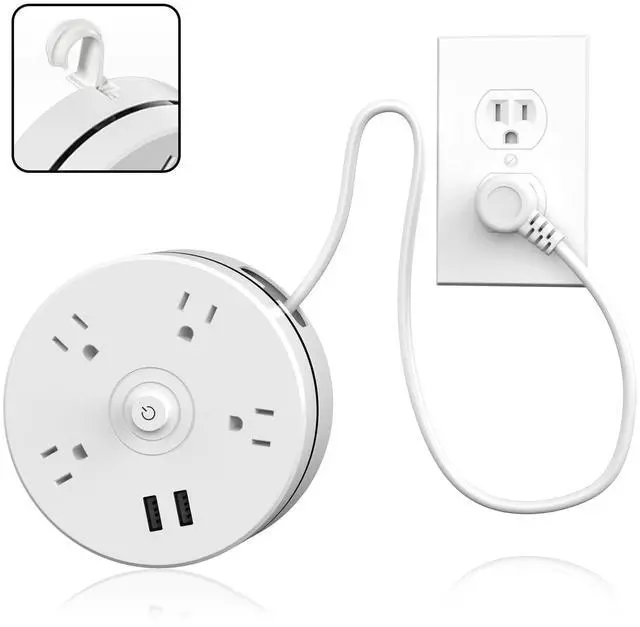 Main image of Travel Power Strip with USB Ports, 6ft Extension Cord, Circular Retractable Power Strip with 4 AC and 2 USB Ports, Wall Mountable with Hook, for Home Office Dorm Cruise Essentials, White