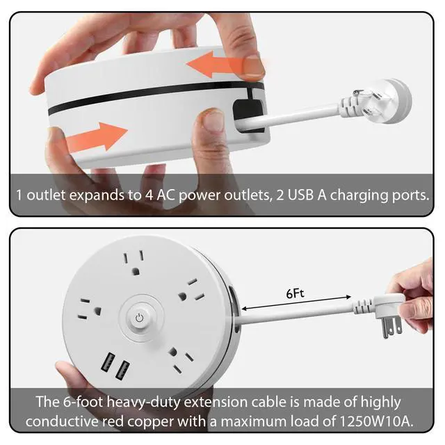 Alt view image 4 of 7 - Travel Power Strip with USB Ports, 6ft Extension Cord, Circular Retractable Power Strip with 4 AC and 2 USB Ports, Wall Mountable with Hook, for Home Office Dorm Cruise Essentials, White