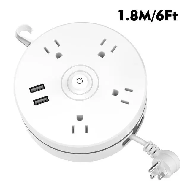 Alt view image 5 of 7 - Travel Power Strip with USB Ports, 6ft Extension Cord, Circular Retractable Power Strip with 4 AC and 2 USB Ports, Wall Mountable with Hook, for Home Office Dorm Cruise Essentials, White