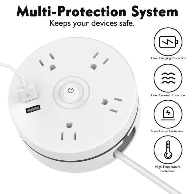 Alt view image 7 of 7 - Travel Power Strip with USB Ports, 6ft Extension Cord, Circular Retractable Power Strip with 4 AC and 2 USB Ports, Wall Mountable with Hook, for Home Office Dorm Cruise Essentials, White