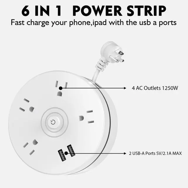Alt view image 3 of 7 - Travel Power Strip with USB Ports, 6ft Extension Cord, Circular Retractable Power Strip with 4 AC and 2 USB Ports, Wall Mountable with Hook, for Home Office Dorm Cruise Essentials, White