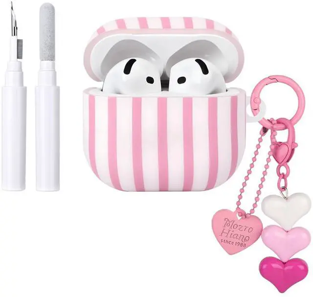 Main image of Compatible for AirPods 4 Case Soft TPU with Cleaner Kit Cute Striped Aesthetic Design Shockproof Cover with Love Heart Keychain for Girls Woman-Pink